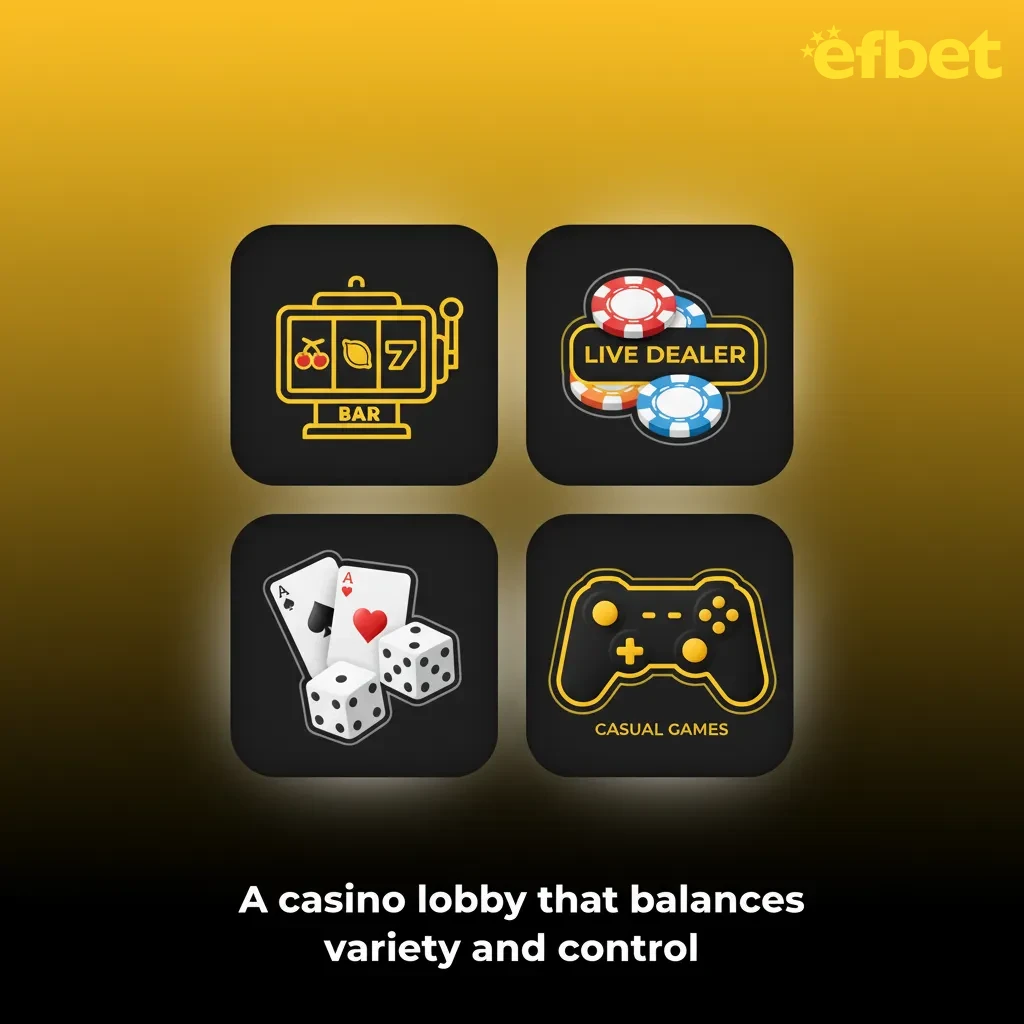 Casino lobby showing slots, jackpots, roulette, blackjack, baccarat, live tables, and new releases beside favorites.