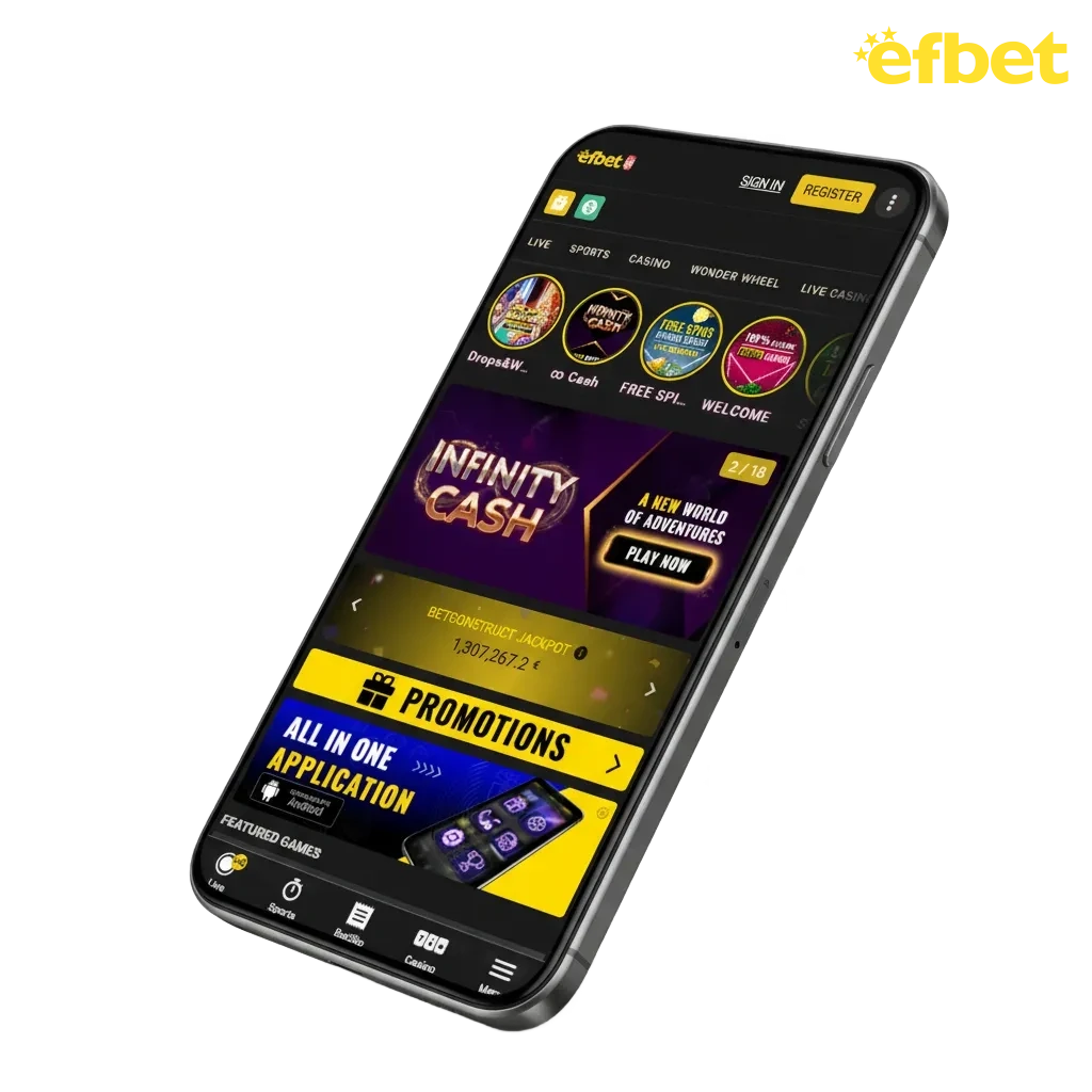Efbet app for Android and iPhone; multilingual betting and casino, payment logos incl Apple Pay, 100% bonus up to €200