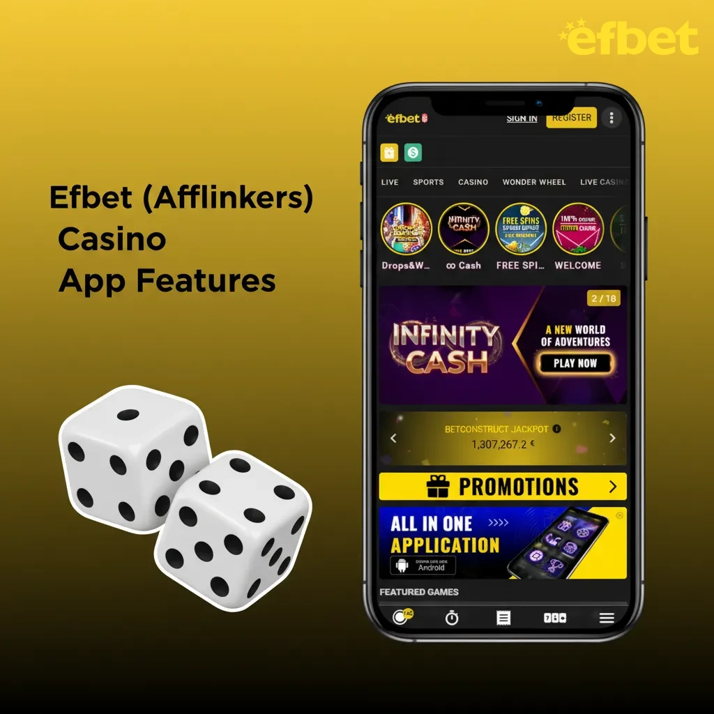 Efbet casino app home screen: toggle sports/casino, quick access to slots, live tables, promos, Book of Dead and Starburst.