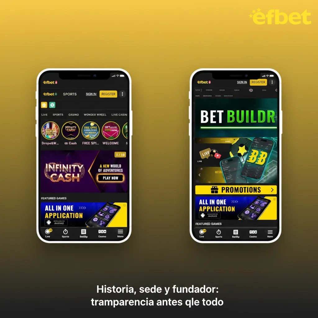 Imagen sobre historia, sede UE y fundador de Efbet , transparencia, licencias DGOJ y juego responsable 18+.