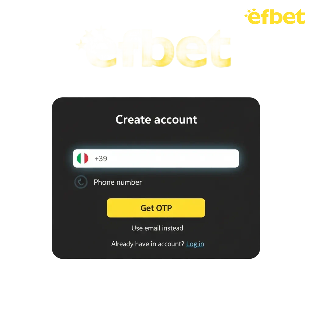 Schermata Efbet: registrazione, login e verifica account; scommesse sportive, casinò, bonus 100% fino a 200 €