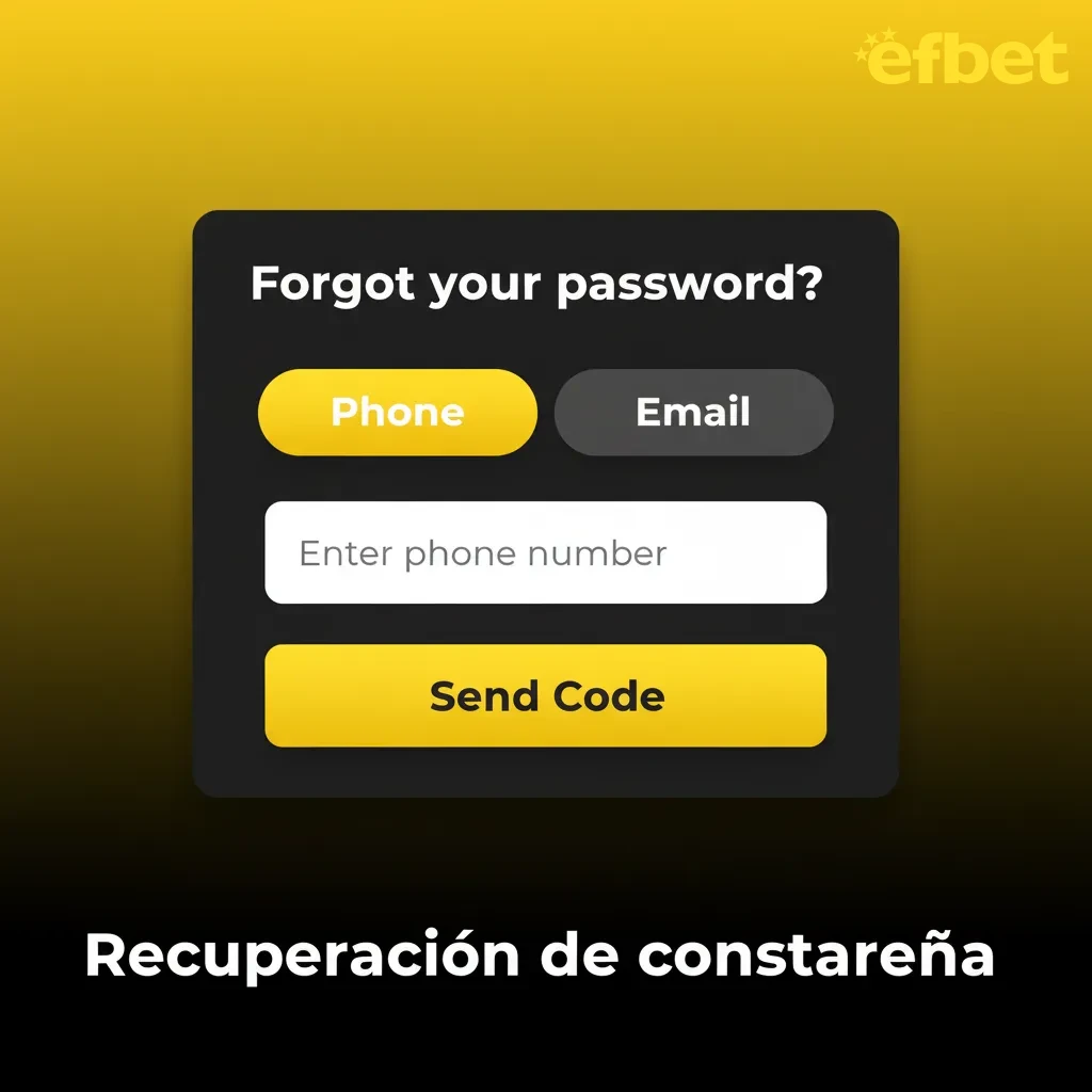 Infografía de recuperación de contraseña de Efbet: enlace ¿Has olvidado tu contraseña?, email o DNI, email/SMS y nueva clave.