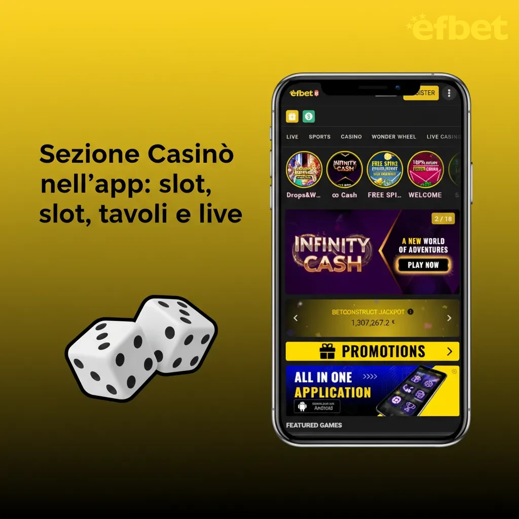 Schermata sezione Casinò dell’app con slot, tavoli e Live; titoli come Starburst e Book of Dead; promo e croupier reali