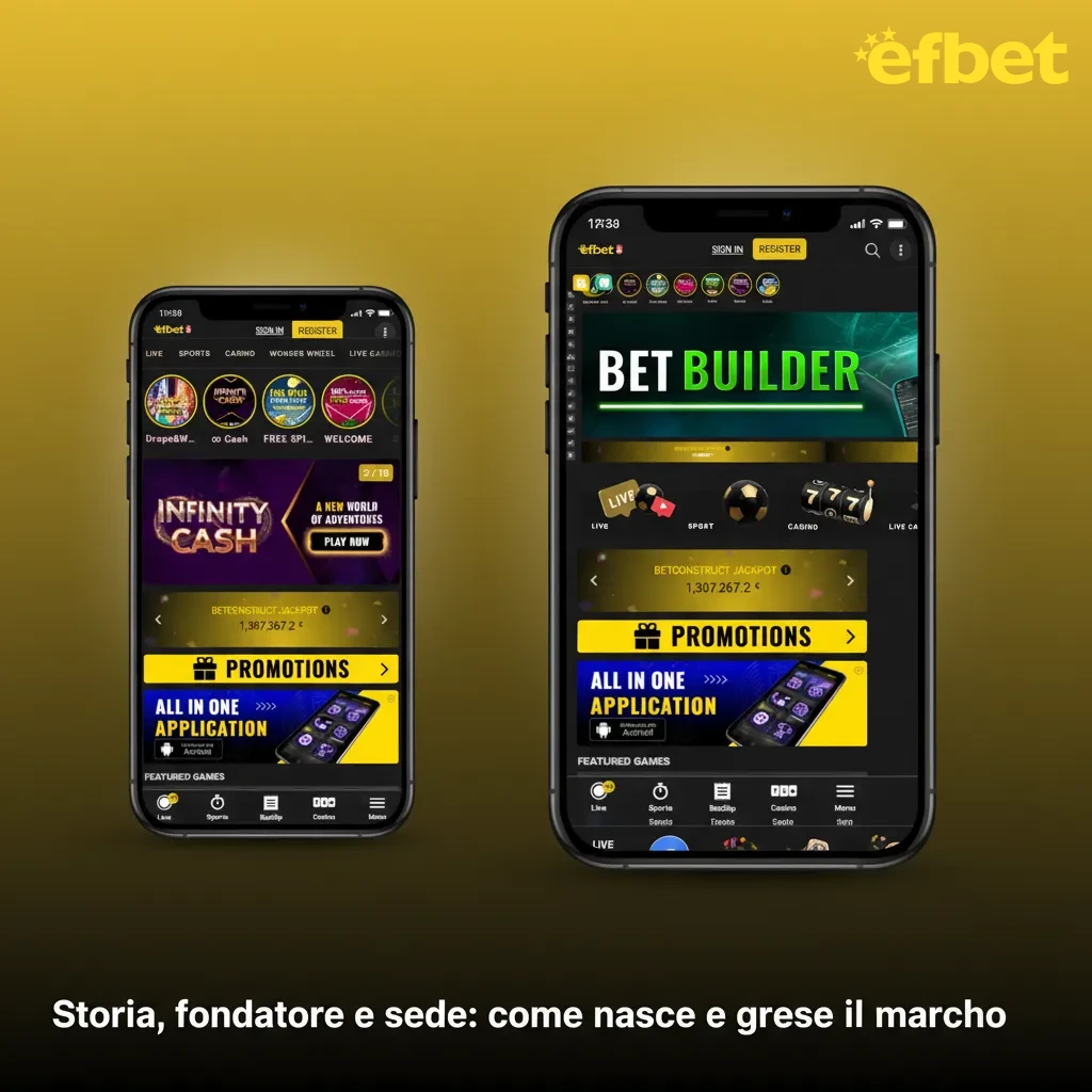 Infografica sulla storia di Efbet: fondatore Tsvetomir Naydenov, sede Sofia, operazioni Malta, crescita nel betting europeo.