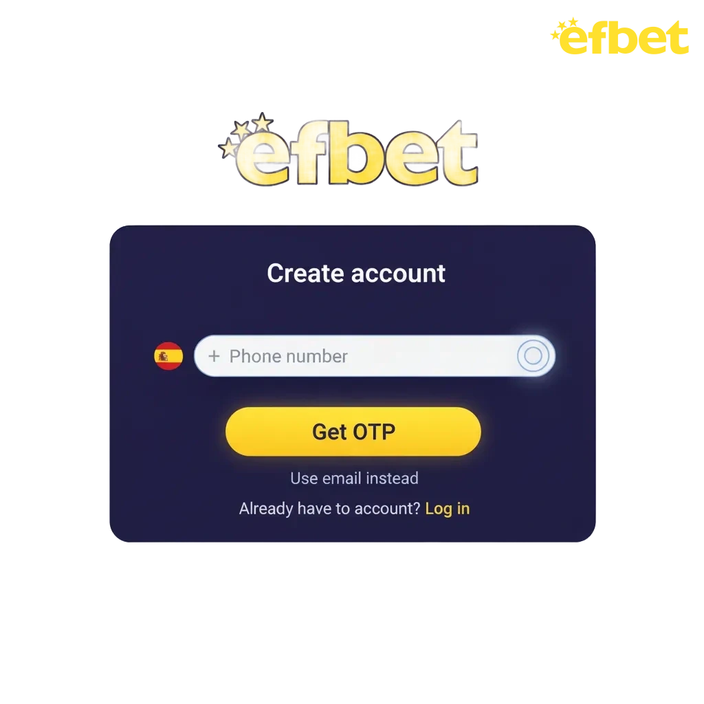 Interfaz de Efbet España: registro, login y verificación para casino y apuestas; web/app; bono 100% hasta 200 €.