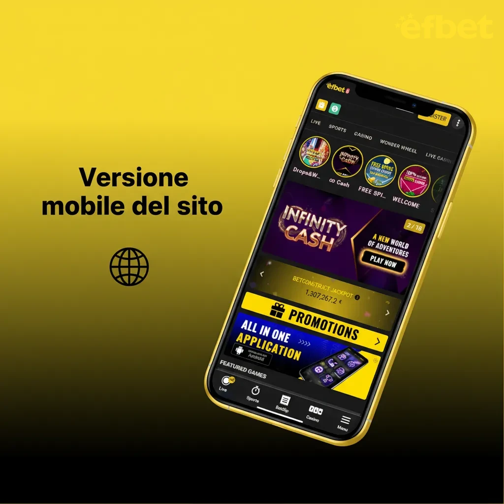 Schermata mobile del sito con quote live, cashout, slot, menu Sport/Casino, filtri, pagamenti sicuri e supporto in un tap.