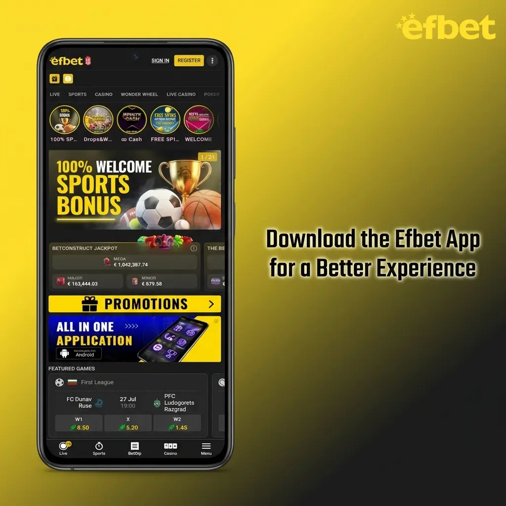 Efbet mobile app interface showing fast live betting odds, casino access, and biometric login on a smartphone screen