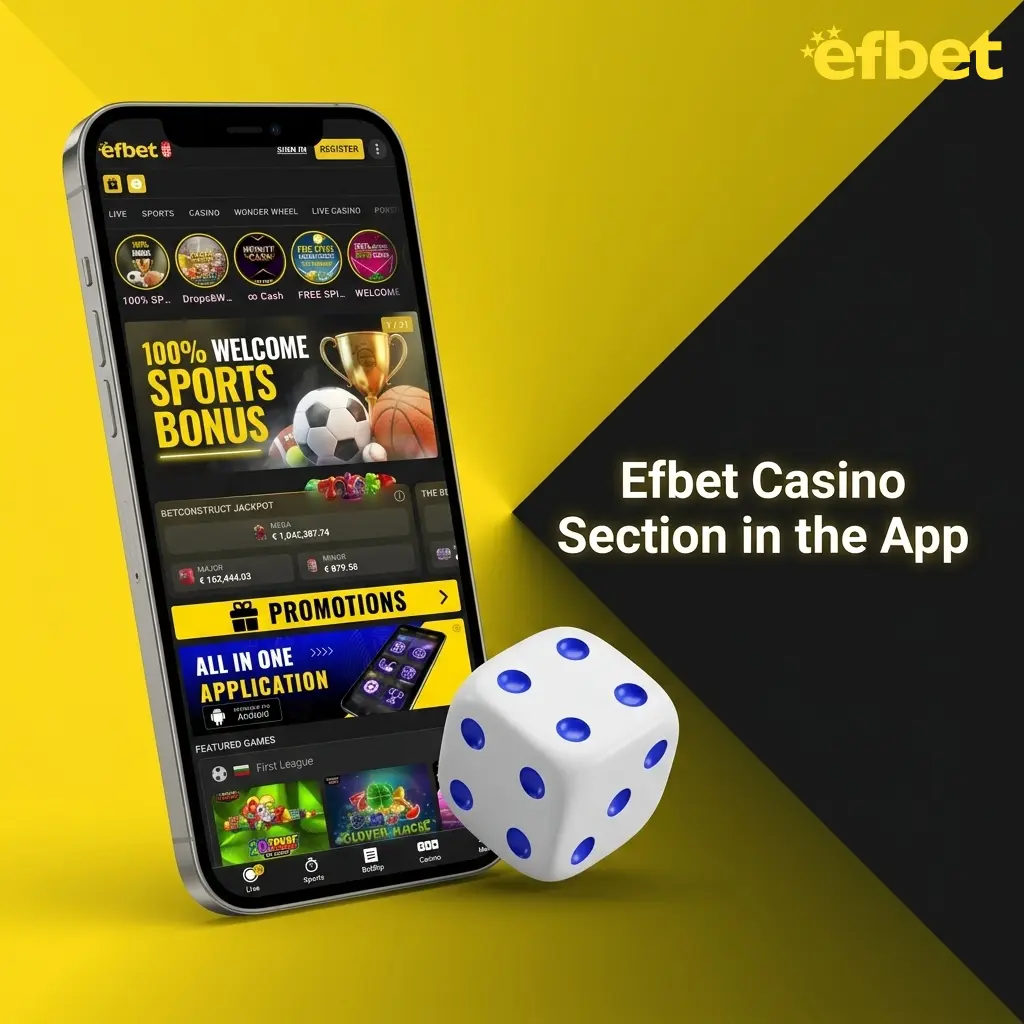 Efbet casino app interface showing slots, live casino, table games, and jackpot slots categories on mobile