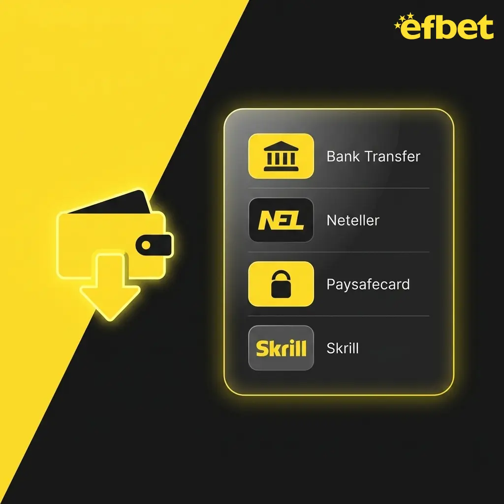 Efbet withdrawal methods including Bank Transfer, Neteller, Skrill, and EasyPay with step-by-step cashier guide
