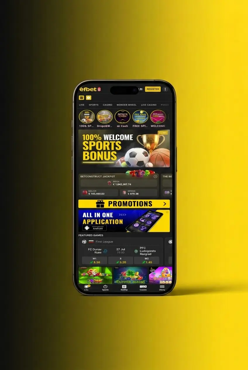 Efbet slot game lobby showing five steps to play slots from login to spinning reels on desktop or mobile app