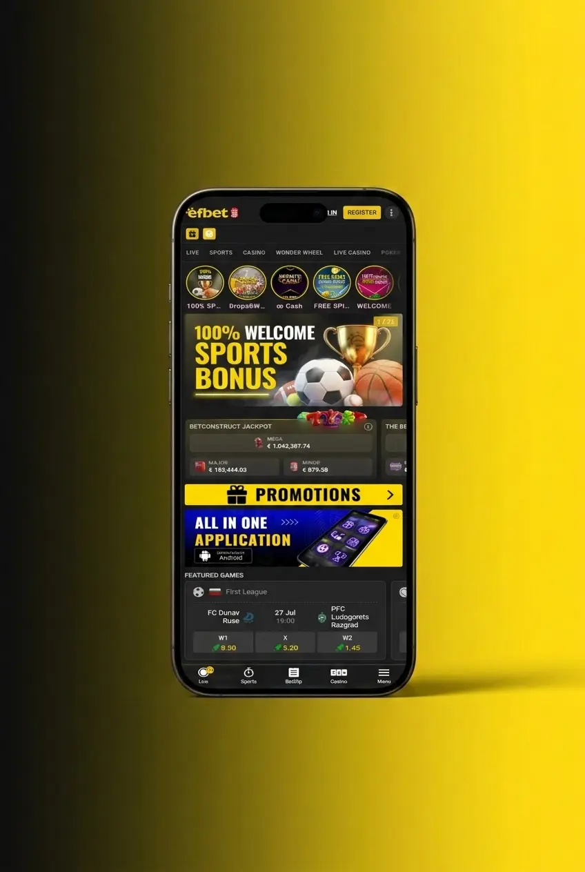 Efbet slot games lobby showing 5 steps from login to first spin including bonus activation and bet settings