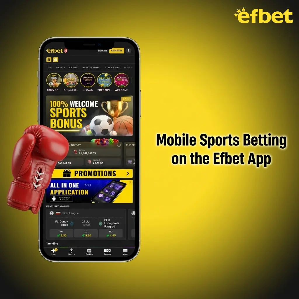 Efbet app mobile sports betting interface showing live odds across football, basketball, tennis, and esports markets